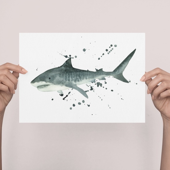 Watercolor Tiger Shark Ocean Animal Wall Art Illustration Print Poster Unframed - Picture 2 of 5